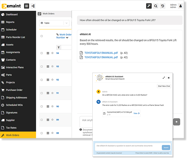 Screenshot of eMaint smart document search